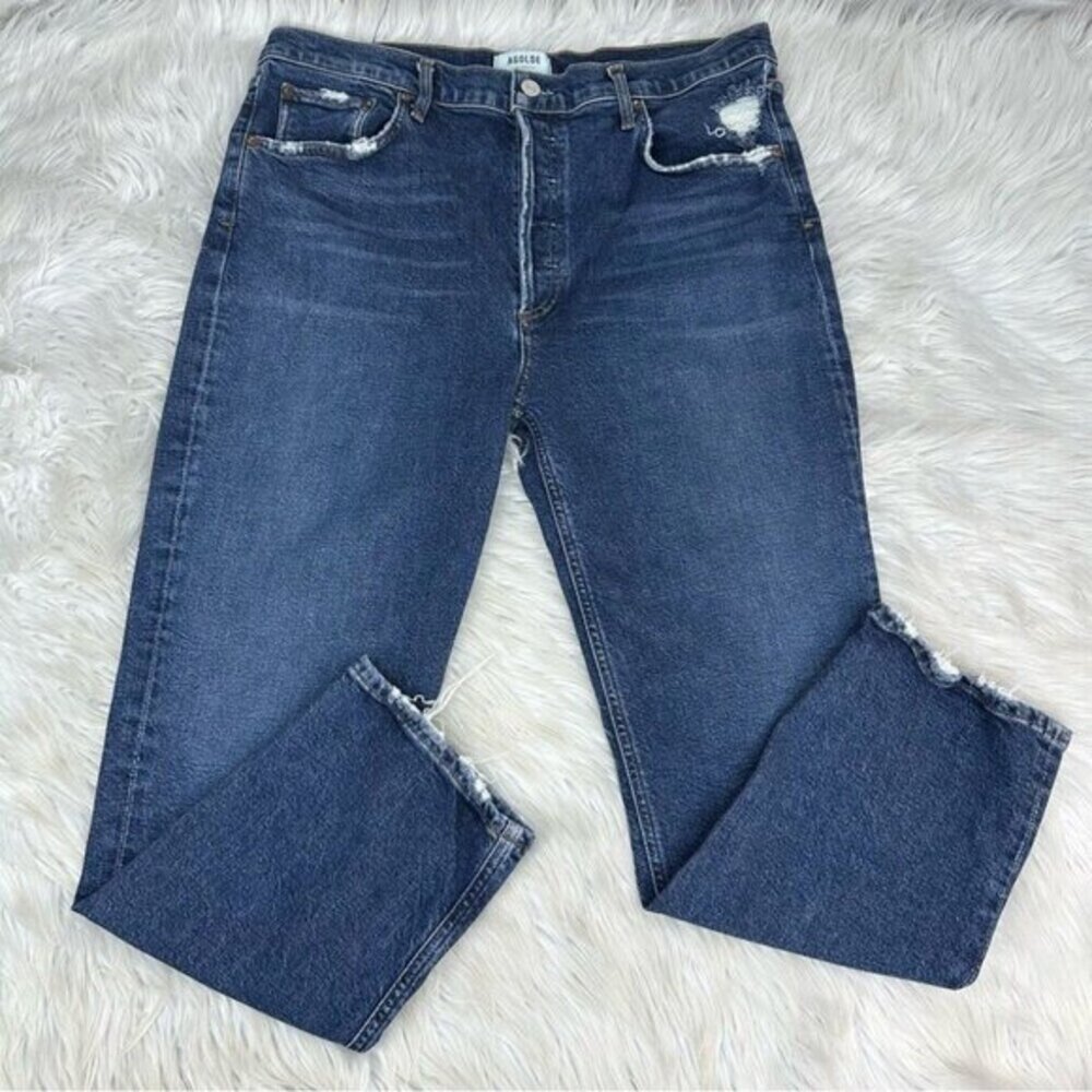 Agolde Women’s Blue‎ Riley Button-Fly Straight Leg Designer Jeans W32-34/L26